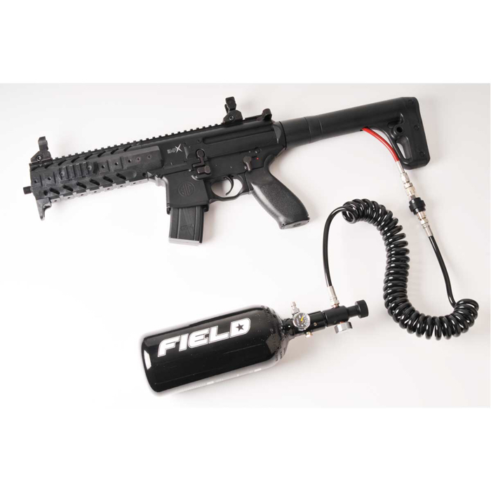 HPA airsoft rifle with external tank and airline